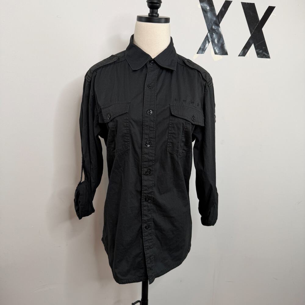 Y2K Fox Racing Black Military Style Patch Epaulet Roll Tab Button Up Shirt S